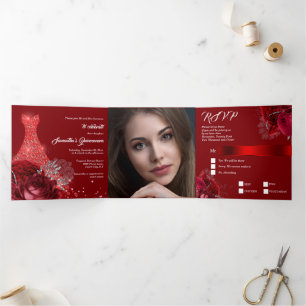 Invitation Trois Volets Rouge argent PHOTO floral rose boule gosse filles