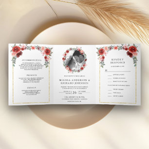 Invitation Trois Volets Rouge aux Joues Rose et Floral Bourguignon Robe de