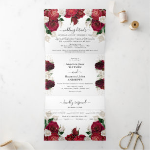 Invitation Trois Volets Rouge Bourgogne & Blanc Floral Élégant Mariage