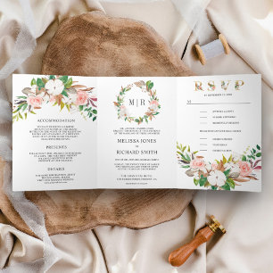 Invitation Trois Volets Rouge Floral Blanc Magnolia Coton Mariage