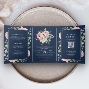 Invitation Trois Volets Rouge Floral Eucalyptus Bleu Marine Mariage