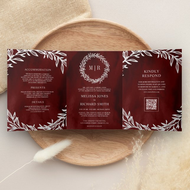 Invitation Trois Volets Rouge Grenat Argent Feuille Branche Code QR Mariag (Créateur téléchargé)