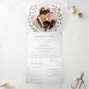 Invitation Trois Volets Rouge Poussiéreux Teintes Terrosés Pivoine Floral