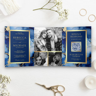 Invitation Trois Volets Royal Blue Gold Fluid Ink QR Code Mariage