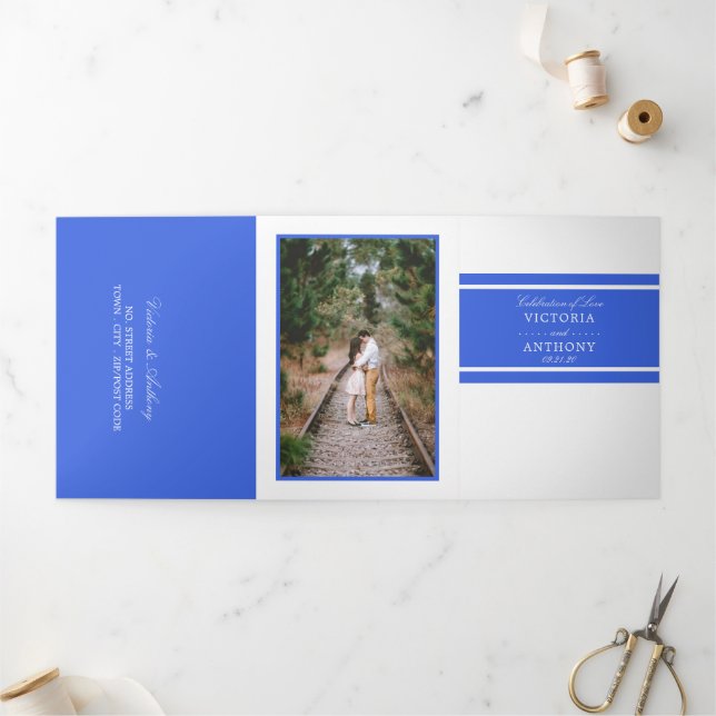 Invitation Trois Volets Royal Blue Modern Mariage Suite (Extérieur)