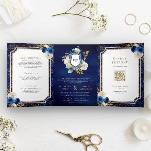 Invitation Trois Volets Royal Blue or Floral tout en un Mariage de crête