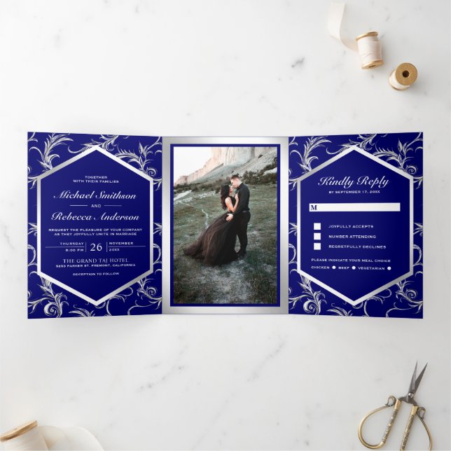 Invitation Trois Volets Royal Blue Silver Flourish Swirl Wedding Photo (Intérieur)