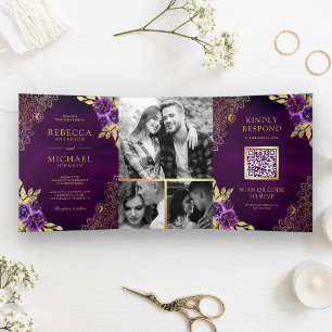 Invitation Trois Volets Royal Purple Floral Gold Lace QR Code Mariage