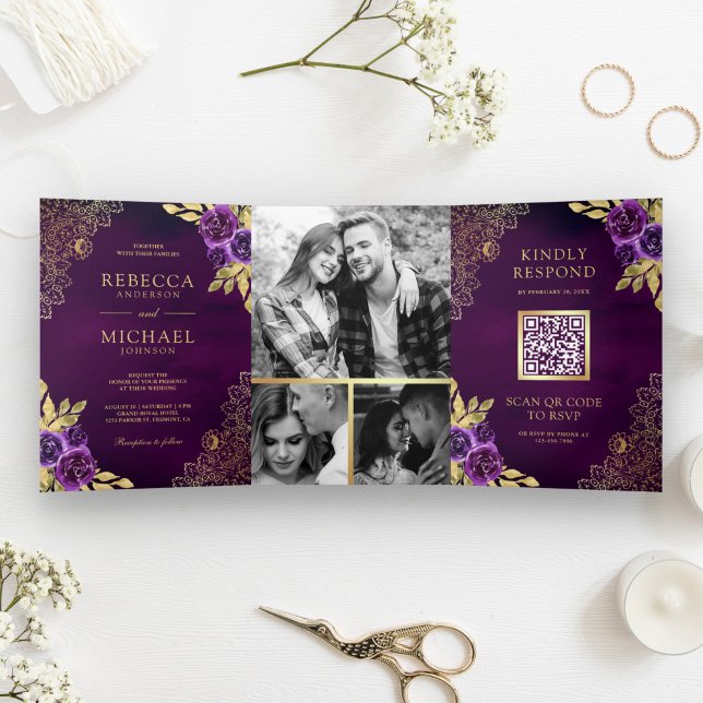 Invitation Trois Volets Royal Purple Floral Gold Lace QR Code Mariage (Créateur téléchargé)