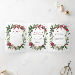 Invitation Trois Volets Ruban Rouge Floral Botanique Noël Hiver Mariage