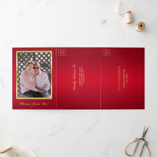 Invitation Trois Volets Ruby, Gold Photo, QR Code 50e anniversaire du Mari (Extérieur)