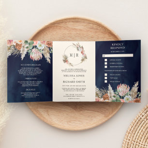 Invitation Trois Volets Russe Boho Terme Floral Pampas Mariage bleu marine