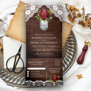 Invitation Trois Volets Russe Bois Bourgogne Floral Mason Jar Mariage dent