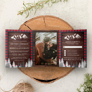 Invitation Trois Volets Russe Bois Rouge Buffalo Plaid Mariage de montagne