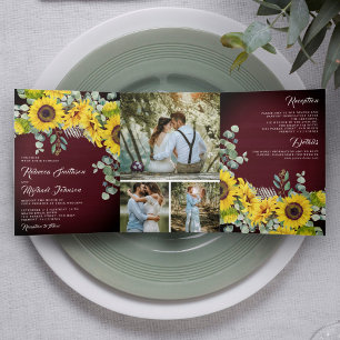Invitation Trois Volets Russe Bourgogne Mariage de tournesol en bois Eucal