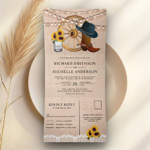 Invitation Trois Volets Russe Burlap Sunflowers Cowboy Mariage de l'Ouest