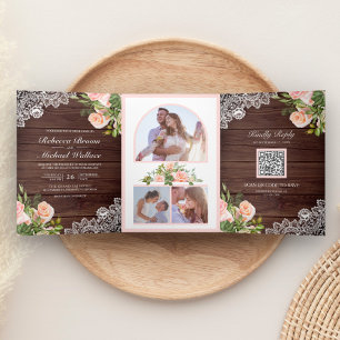 Invitation Trois Volets Russe dentelle de bois rose rose floral QR Code Ma