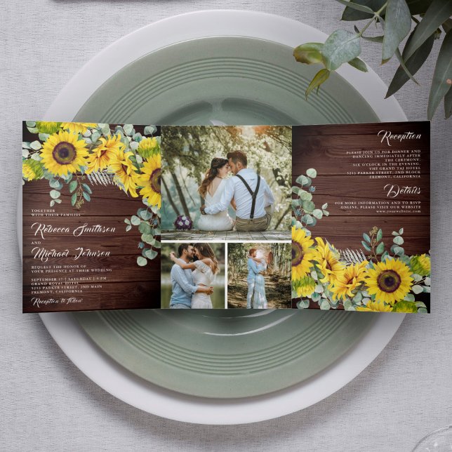 Invitation Trois Volets Russe Grange Wood Sunflower Eucalyptus Mariage (Créateur téléchargé)