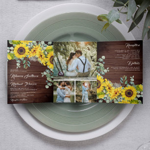 Invitation Trois Volets Russe Grange Wood Sunflower Eucalyptus Mariage