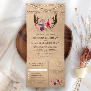 Invitation Trois Volets Russe Kraft String éclaire Floral Antler Mariage