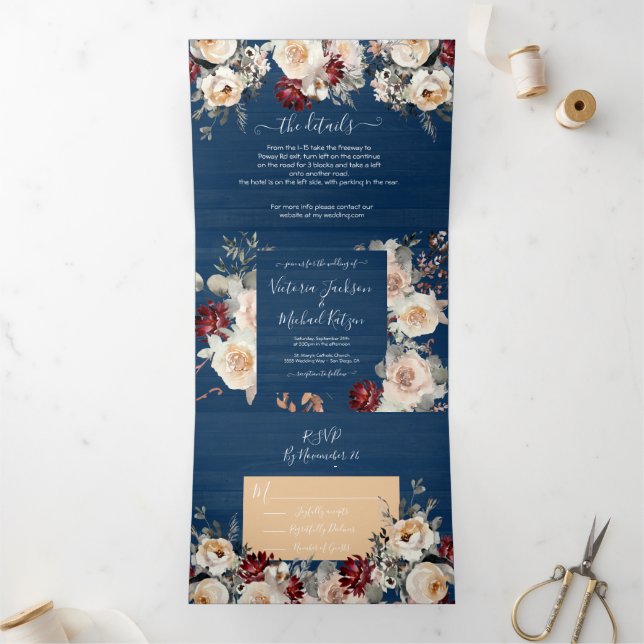 Invitation Trois Volets Russe Marine Blue Cream Bourgogne & Mariage de pêc (Intérieur)