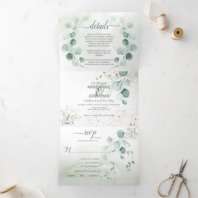 Invitation Trois Volets Russe Sage & Gold Eucalyptus Botanical Mariage | (Intérieur)