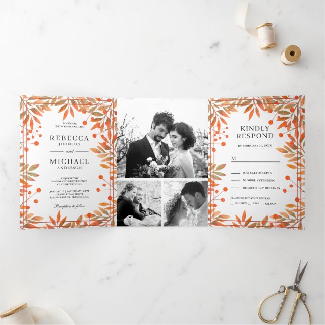 Invitation Trois Volets Rustic Automne Feuilles Photo Collage Mariage (Intérieur)
