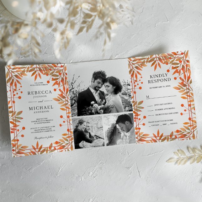 Invitation Trois Volets Rustic Automne Feuilles Photo Collage Mariage (Créateur téléchargé)