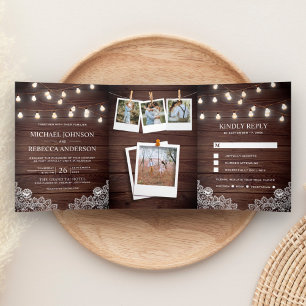 Invitation Trois Volets Rustic Barn Bois dentelle luminaires Mariage photo