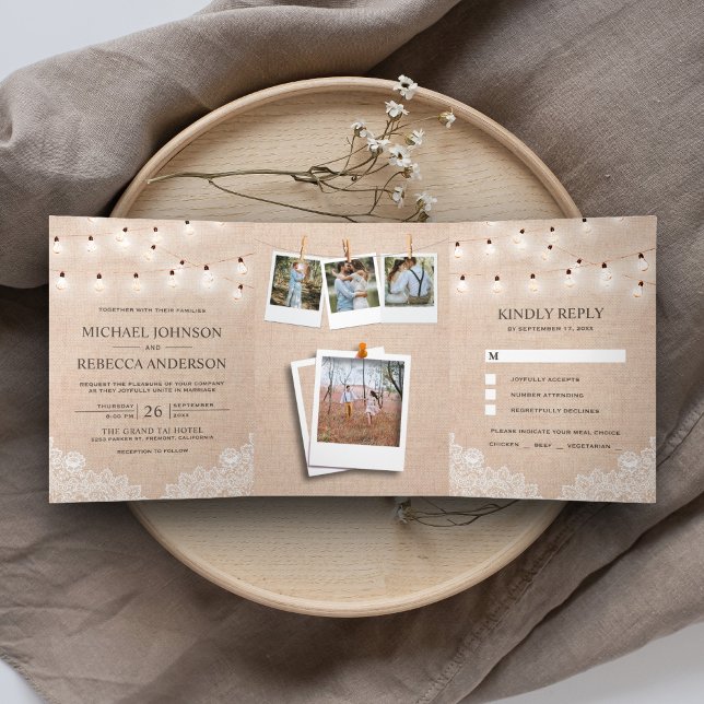 Invitation Trois Volets Rustic Burlap Lace String Lights Mariage photo (Créateur téléchargé)