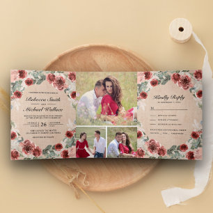 Invitation Trois Volets Rustic Burlap Marsala Floral Photo Collage Mariage