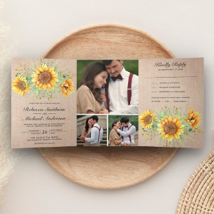 Invitation Trois Volets Rustic Burlap Sunflowers Photo Collage Mariage