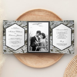 Invitation Trois Volets Rustic Country Birch Tree Bark Mariage photo
