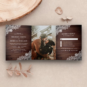 Invitation Trois Volets Rustic Country dentelle en bois photo Mariage