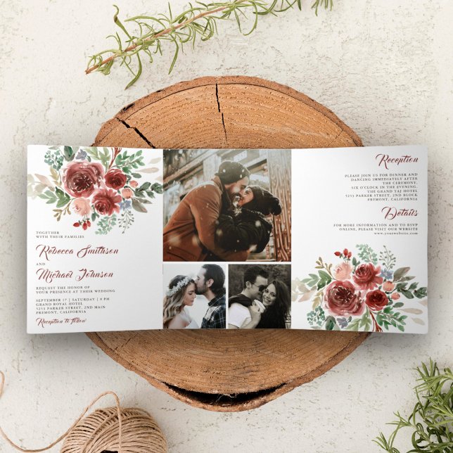 Invitation Trois Volets Rustic Country Marsala Floral Mariage (Créateur téléchargé)