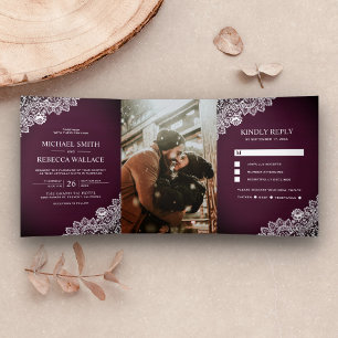 Invitation Trois Volets Rustic Country Plum Purple Wood Lace Mariage Photo