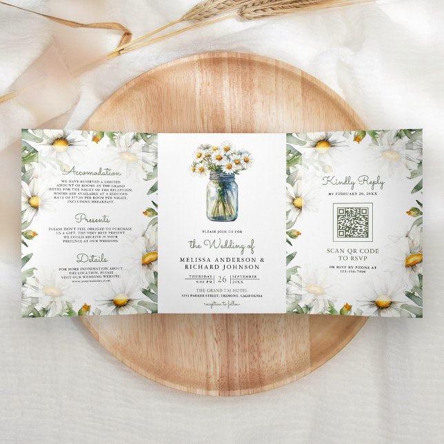 Invitation Trois Volets Rustic Daisies Floral Mason Jar QR Code Wedding (Créateur téléchargé)