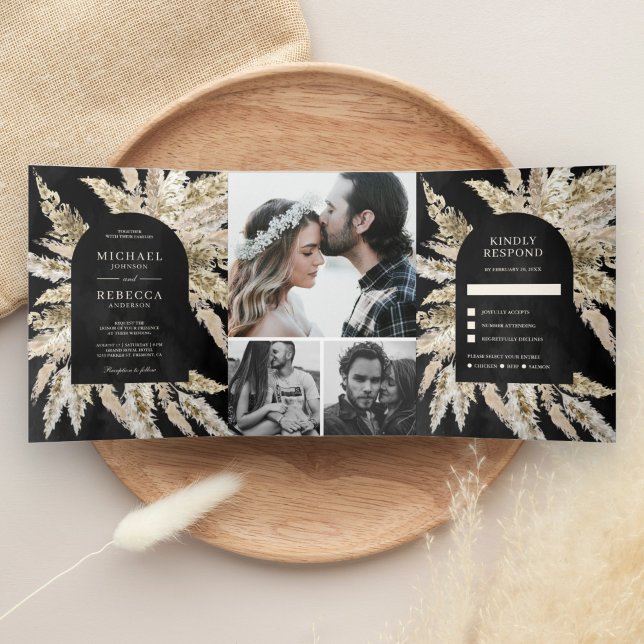 Invitation Trois Volets Rustic Dried Boho Pampas Grass Black Arch Wedding (Créateur téléchargé)