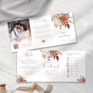 Invitation Trois Volets Rustic Fall Florals Photo QR Code Timeline Mariage