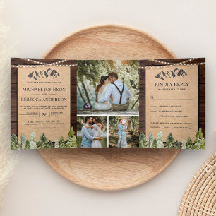 Invitation Trois Volets Rustic Kraft Mountain Forest Photo Collage Mariage