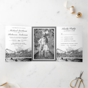 Invitation Trois Volets Rustic Mountain Forest Lake Tout en un Mariage