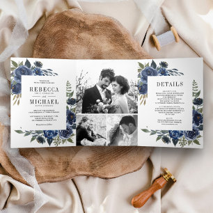 Invitation Trois Volets Rustic Navy Blue Floral Photo Collage Mariage