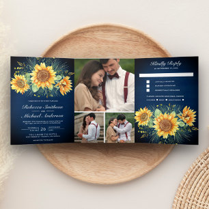 Invitation Trois Volets Rustic Navy Blue Wood Sunflowers Photo Mariage