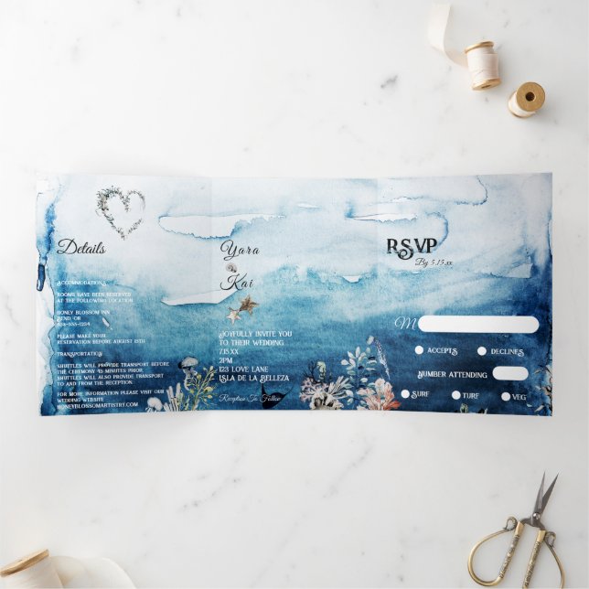 Invitation Trois Volets Rustic Ocean Menu-Choice Mariage RSVP (Intérieur)