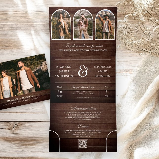 Invitation Trois Volets Rustic Wood Minimal Arch Photo QR code Wedding (Créateur téléchargé)