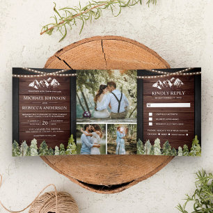 Invitation Trois Volets Rustic Wood Mountain Forest Photo Collage Mariage