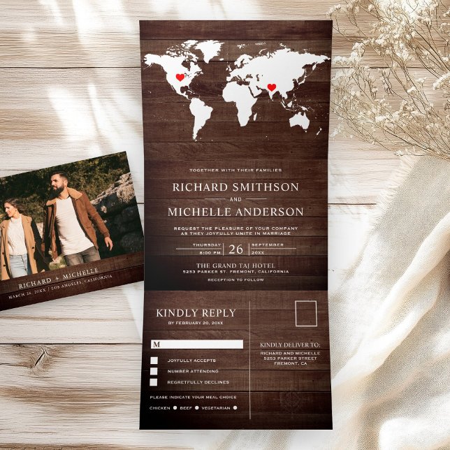 Invitation Trois Volets Rustic Wood World Map All in One Wedding (Créateur téléchargé)