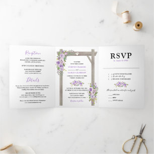 Invitation Trois Volets Rustique 3 en 1 Mariage Fleuriste Aquarelle Violet
