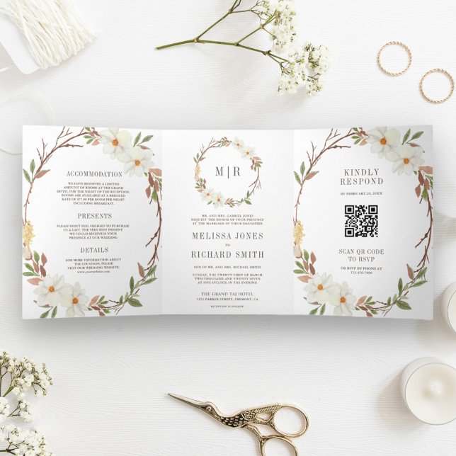 Invitation Trois Volets Rustique blanc Magnolia Floral QR Code Mariage (Créateur téléchargé)