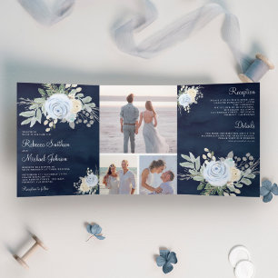 Invitation Trois Volets Rustique Bleu Poussiéreux et Fleurs de Noces Navy
